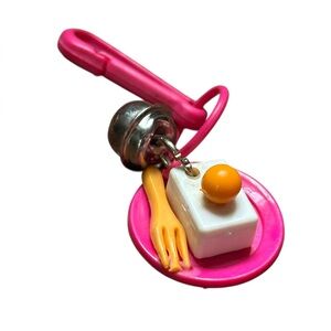 Vintage 1980s Dessert Cake Fork on Plate Plastic Clip On Bag Necklace Bell Charm